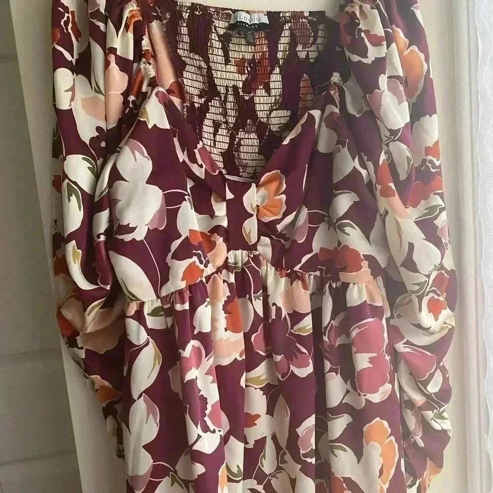 Eloquii Elements Floral Mini Dress Bow Bodice Puff Long Sleeve Sweetheart Neck - Picture 5 of 11